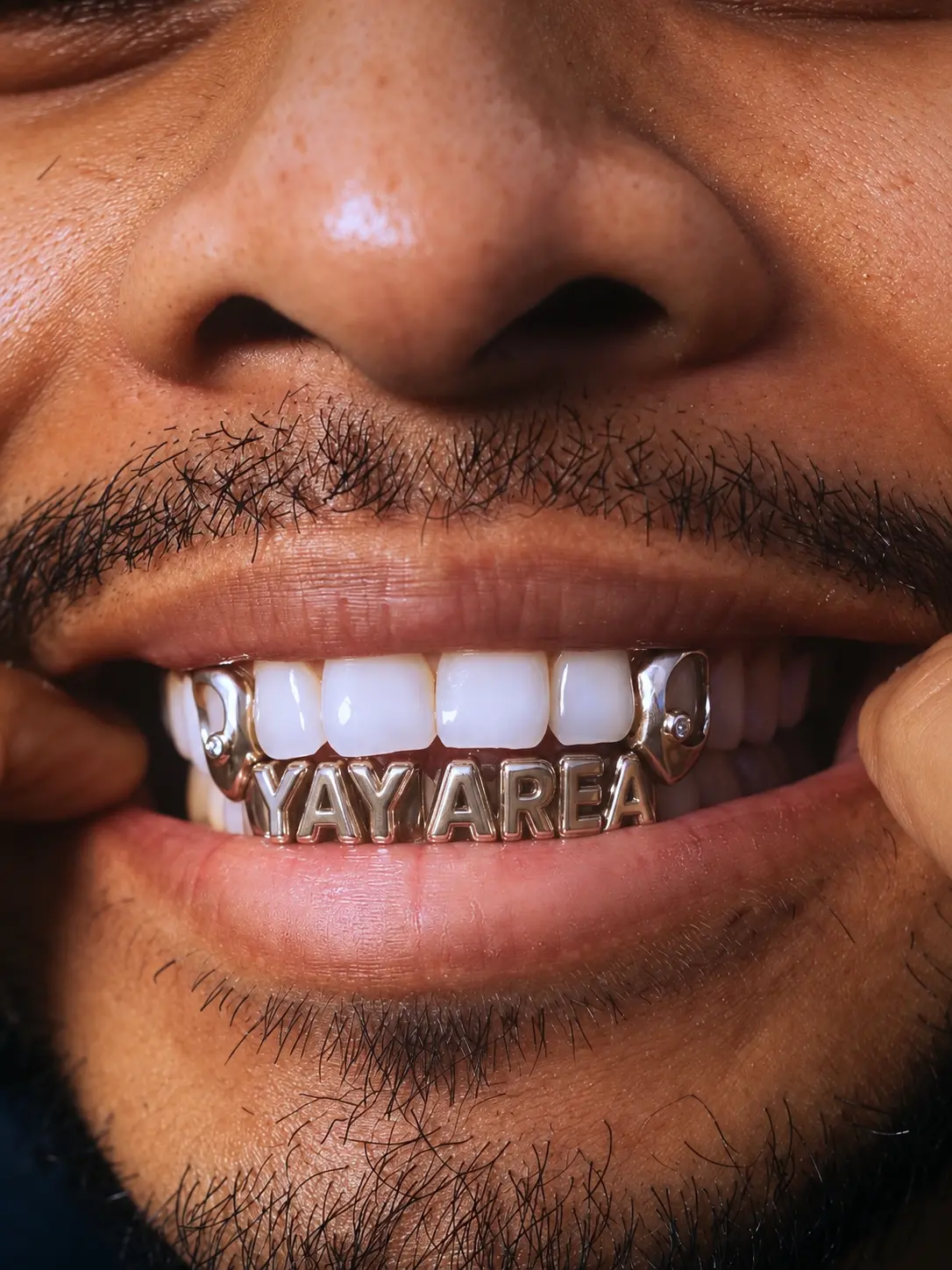 Close-up of a gold grill reading YAY AREA